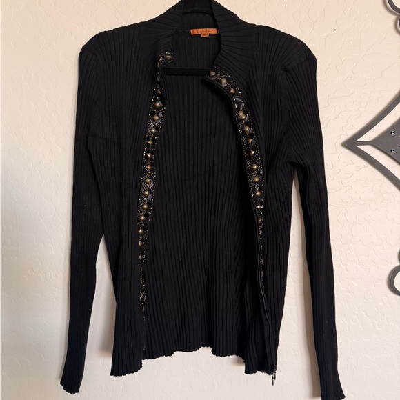 BELLDINI Black Ribbed Zippered Cardigan with Gold Beaded Details - XL - Picture 4 of 6